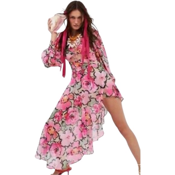 NWT For Love & Lemons Tiana Pink Floral Sheer Festival Boho Chic Dress Medium‎ - Picture 1 of 9